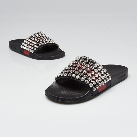 Gucci Black Rubber Crystal Pool Slides Size 5.5/36 - Picture 1 of 4